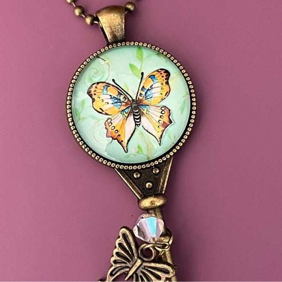Handmade Butterfly Glass Cabochon Skeleton Key Pendant Necklace - Picture 3 of 13